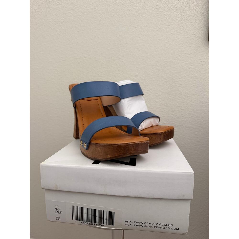 Aryana Wooden Leather Blue Denim Sandal Sz 8.5 - Picture 2 of 5